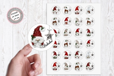 Preview: 24 Stück zuckersüße Adventskalenderaufkleber Sticker Wichtel Gnome /4cm rund mit-oder ohne 24 Beutelchen aus Kraftpapier von Lüttentüddel